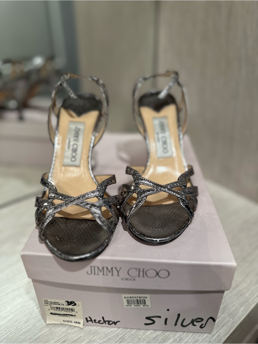 Jimmy Choo Silver Snakeskin Strappy Heels - Picture 4 of 6